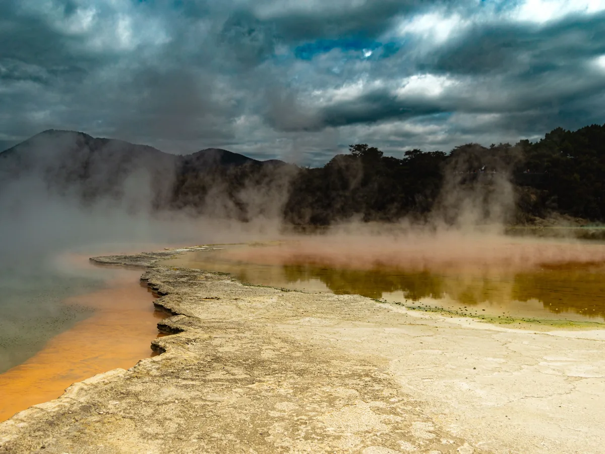 Steam rising from a mineral-rich hot pool in the Rotorua geothermal field — representative of the region, not Te Puia's own terraces